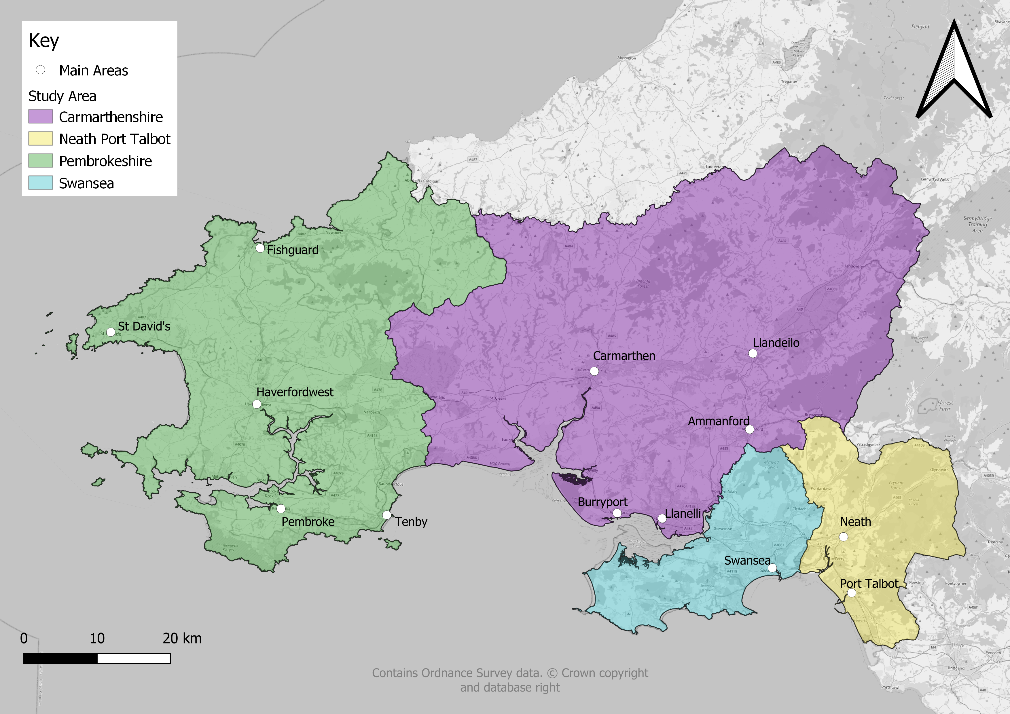 Study Map showing 'on-demand' transport services within the South West Wales region